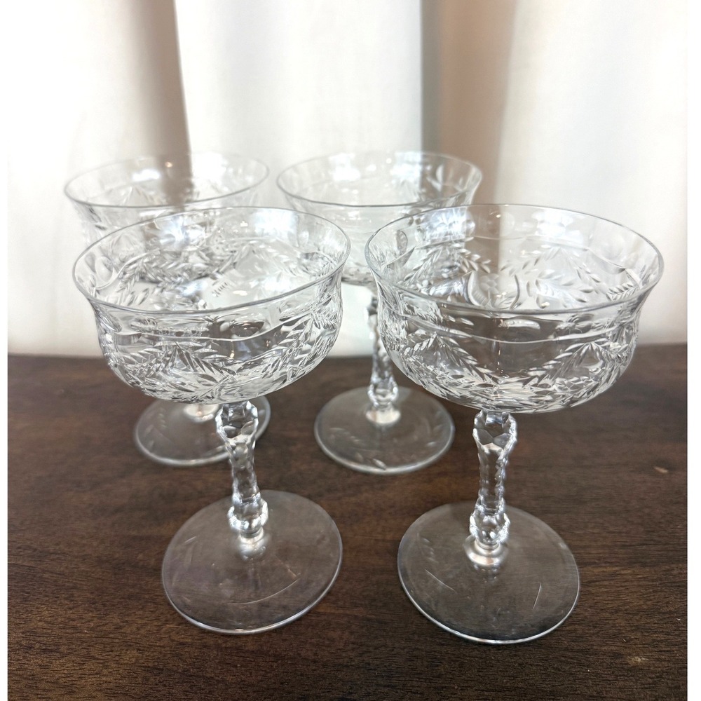 VTG Rock Sharpe Pattern 1024-1 Champagne Sherbet‎ Coupes Etched Floral Set of 4